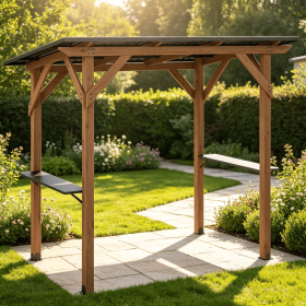 Cedar Wood Grill Gazebo 8.6 FT X 5 FT BBQ Gazebo with 2 Side Serving Shelves Outdoor Kitchen Island Portable BBQC anopy