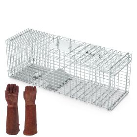 Humane Cat Trap Cage With Gloves Catch Release Live Animal Rodent Cage Collapsible Galvanized Wire for Raccoons Beavers Groundhogs Foxes Armadill