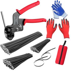 Stainless Steel Cable Tie Gun Set, with 150PCS Black Metal Zip Ties (50 Each of 7.8, 9.8, 11.8 Inch)