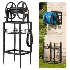Freestanding Garden Hose Reel, Holds 125 Feet of 5/8-inch Hose, Wall Mount or Ground Mount, Detachable Holder Stand with Storage Rack