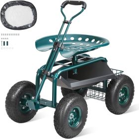 Garden Cart Rolling Workseat with Wheels, Gardening Stool for Planting, 360 Degree Swivel Seat, Wagon Scooter with Steering Handle & Utility Tool