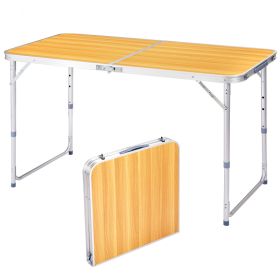 4FT Adjustable Height Folding Table, 120-60cm Portable Aluminum Foldable Camping Table Wood Grain Utility Table For Picnic BBQ Party Indoor Outdo (Option: YELLOW)