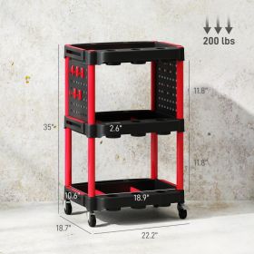 3-Tier Rolling Tool Cart, 200 LBS Capacity Plastic Utility Cart With Side Shelves For Garage, Workshop, Black And Red (Option: Black red)
